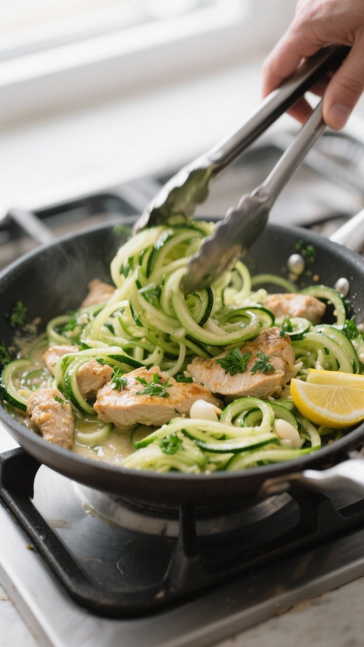 Cooking process action: Overhead shot of zucchini noodles just added to the skillet of garlic butter