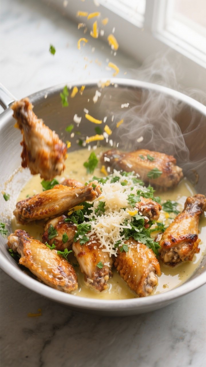 Cooking process action: Piping-hot wings in a large stainless bowl being tossed in velvety garlic-bu