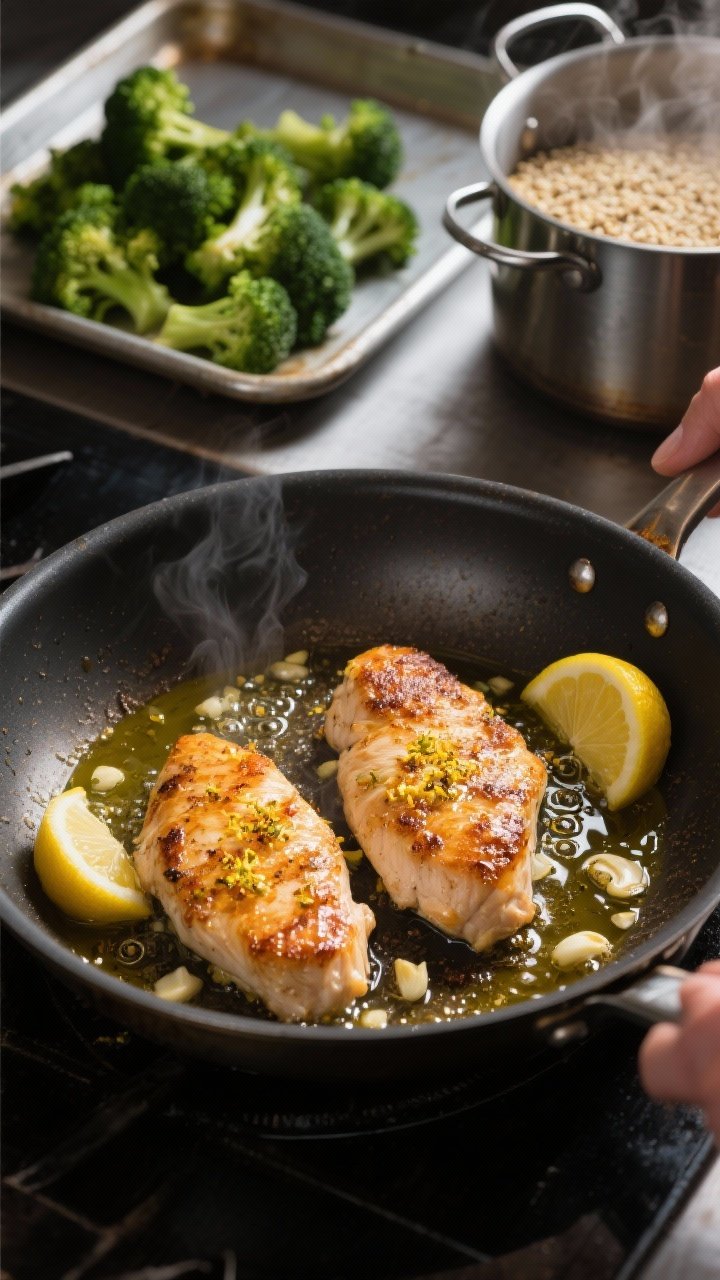 Cooking process: Action shot of chicken cutlets searing in a large skillet—golden-brown crust form