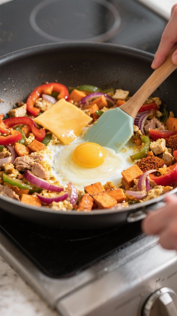 Cooking process action shot: The scramble in a large nonstick skillet with a well made in the center