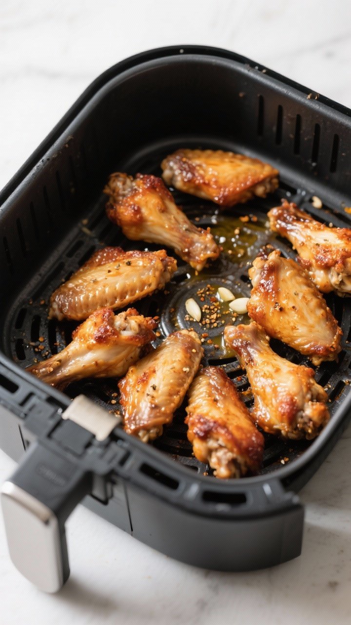 Cooking process: Air fryer action shot showing a single-layer batch of wings midway through cooking 