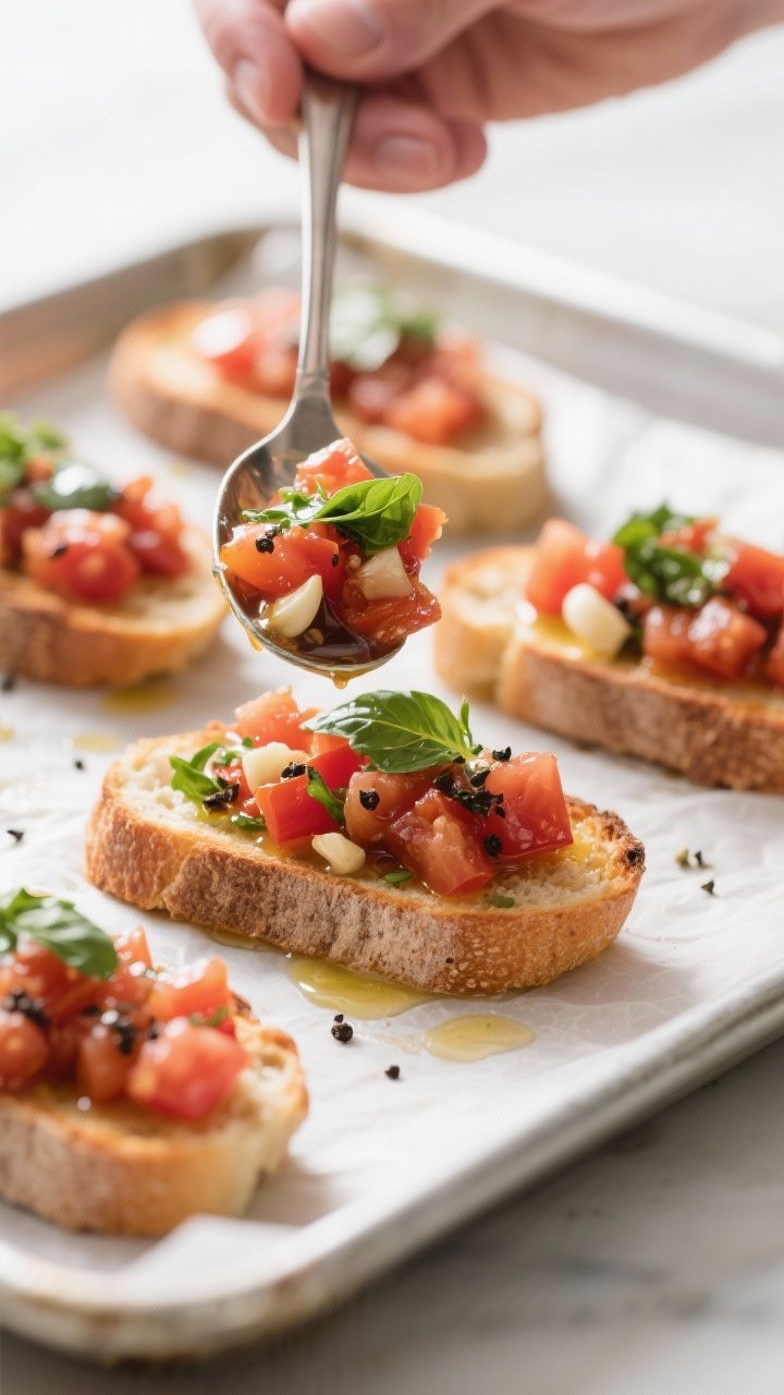 Cooking process: Assembling bruschetta right before serving—spoonful of juicy tomato-basil mixture
