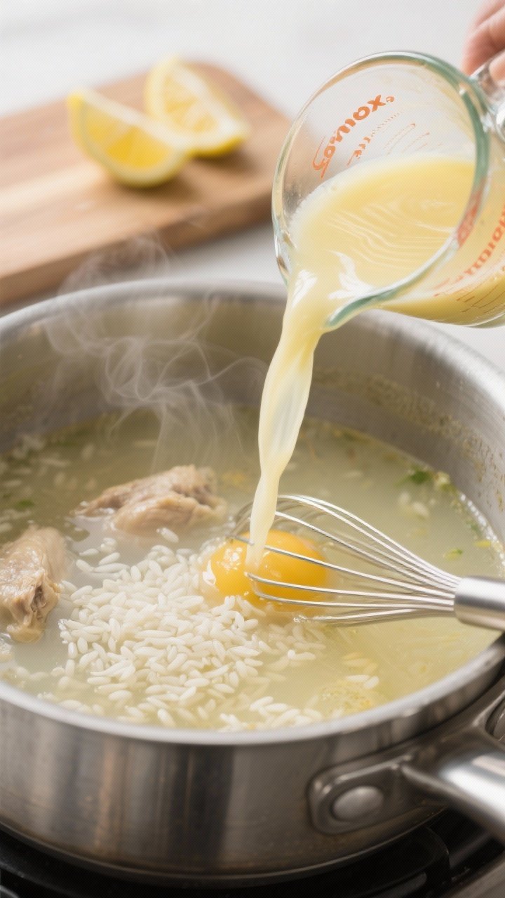 Cooking process — Avgolemono being tempered: Close-up of a stainless steel saucepan with steaming 