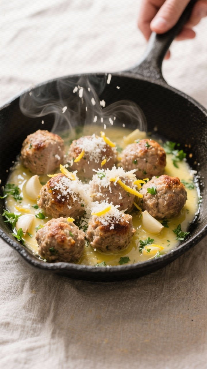 Cooking process: Baked turkey meatballs being tossed in a skillet with melted garlic-butter, grated 