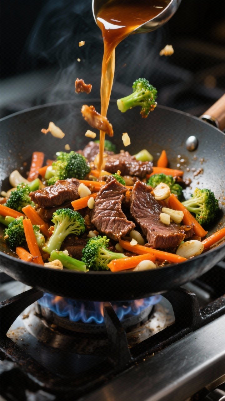 Cooking process: Beef and Veggie Stir-Fry mid-toss in a hot wok, showing caramelized edges on thin-s