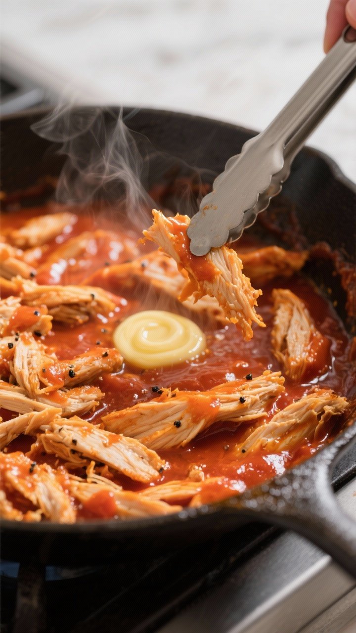 Cooking process — Buffalo chicken in skillet: Close-up of shredded cooked chicken simmering in glo