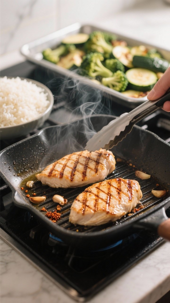 Cooking process: Chicken cutlets sizzling on a preheated grill pan, mid-flip with defined crosshatch