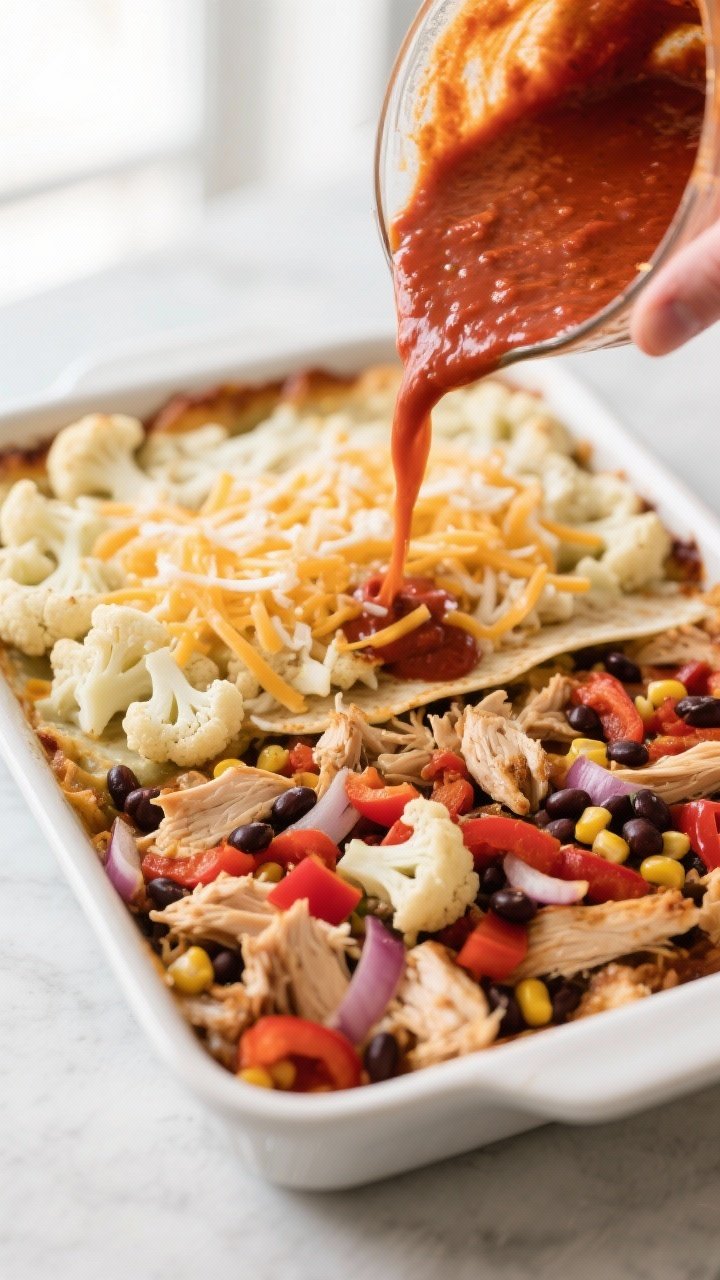 Cooking process: Chicken Enchilada Cauliflower Casserole mid-assembly in a 9x13 baking dish—first 