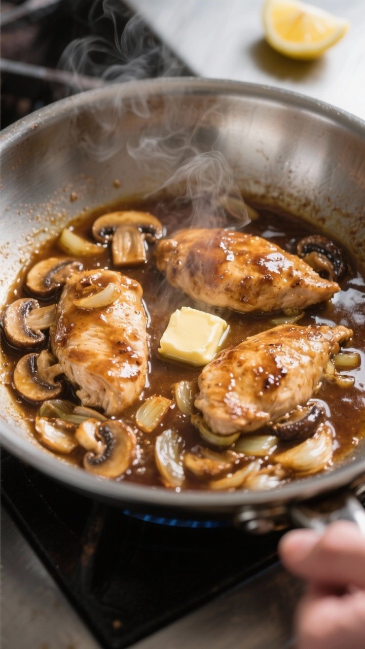 Cooking process: Chicken Marsala sauce reducing in a wide stainless skillet right after deglazing—