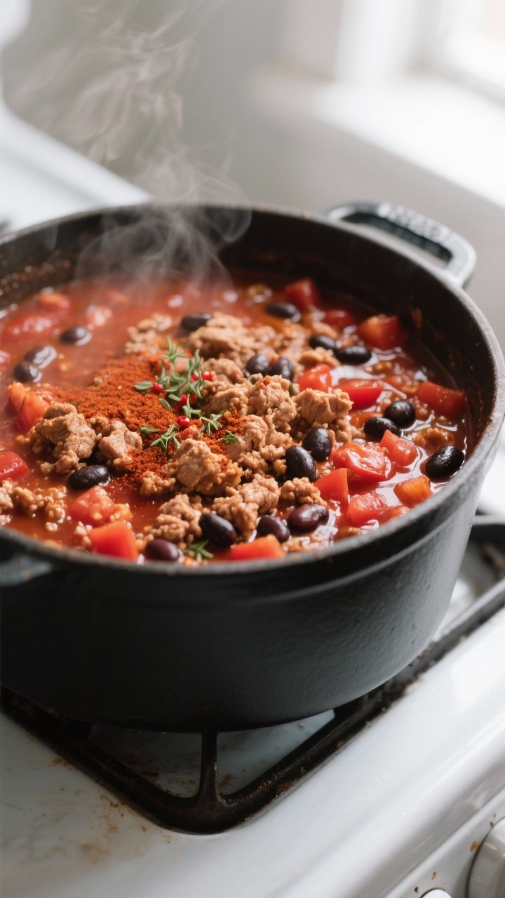 Cooking process close-up: A Dutch oven of simmering turkey chili mid-cook, showing browned ground tu