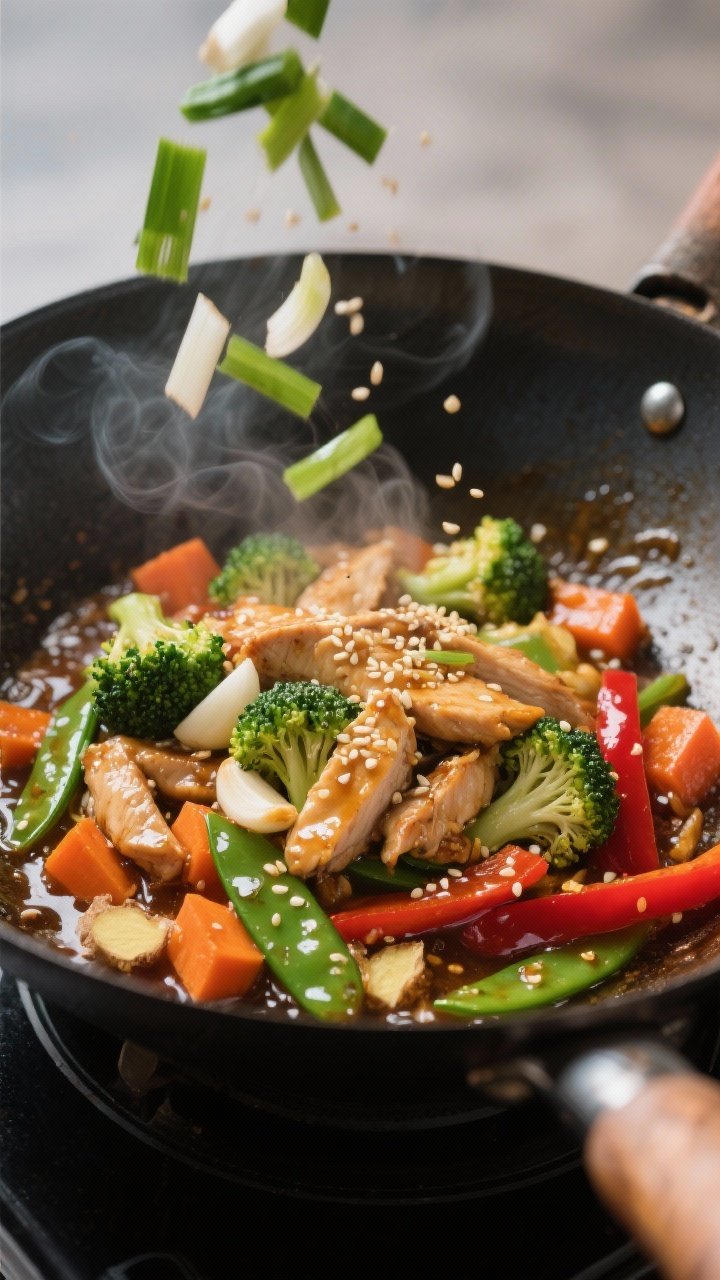 Cooking process, close-up action: Sizzling sesame-ginger chicken and crisp-tender vegetables in a ho