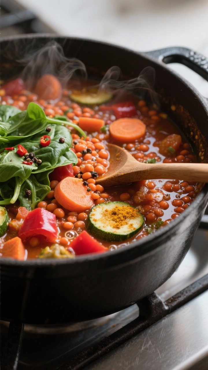 Cooking process, close-up: Close-up of a simmering one-pot veggie-loaded lentil curry in a wide, mat