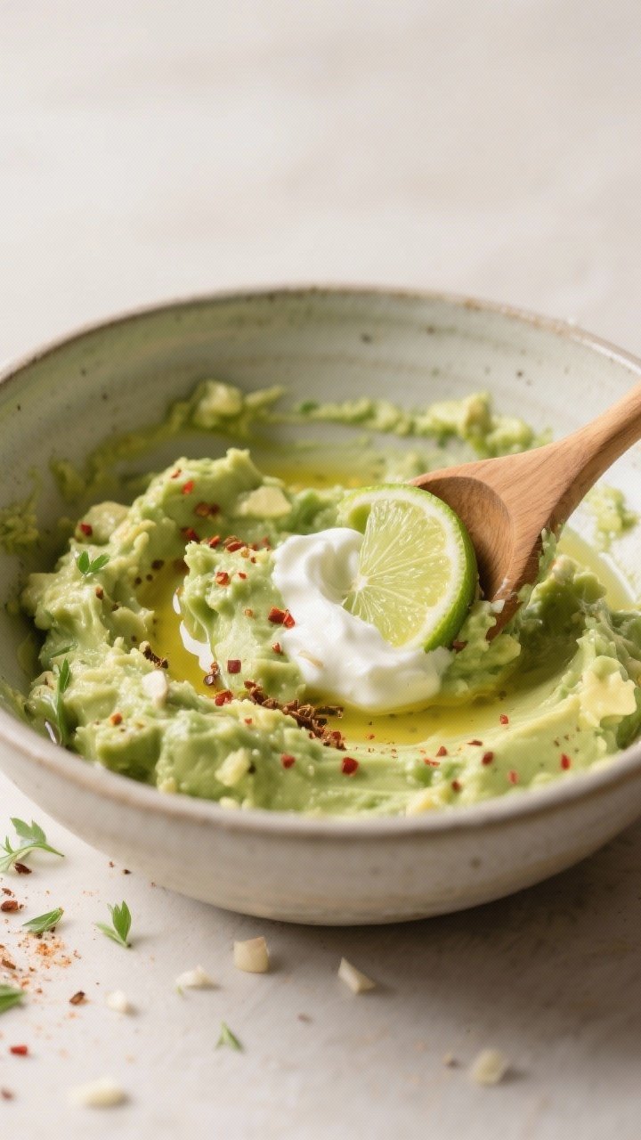 Cooking process, close-up detail: A large ceramic bowl with the avocado base being mashed to a mostl