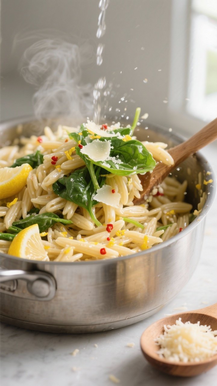 Cooking process, close-up detail: A tight, steamy close-up of silky lemon-garlic orzo being tossed i