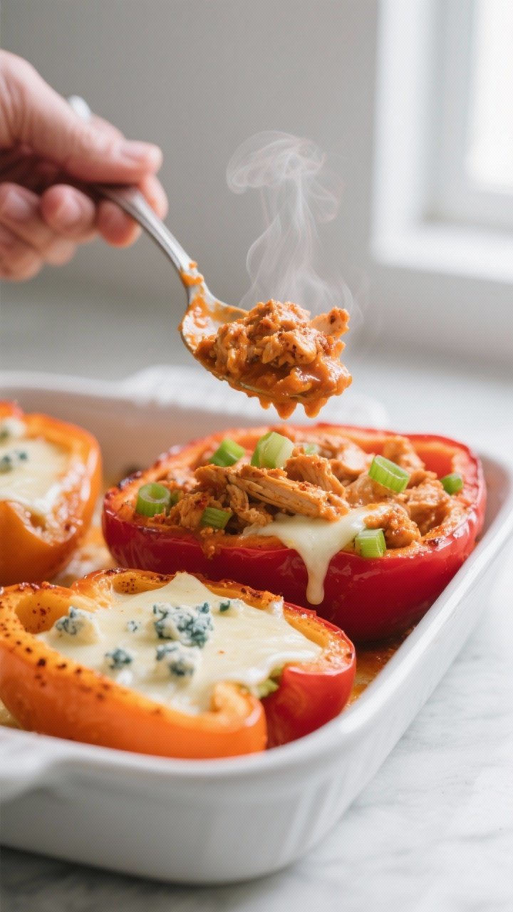 Cooking process, close-up detail: Buffalo chicken filling being spooned into pre-baked red and orang