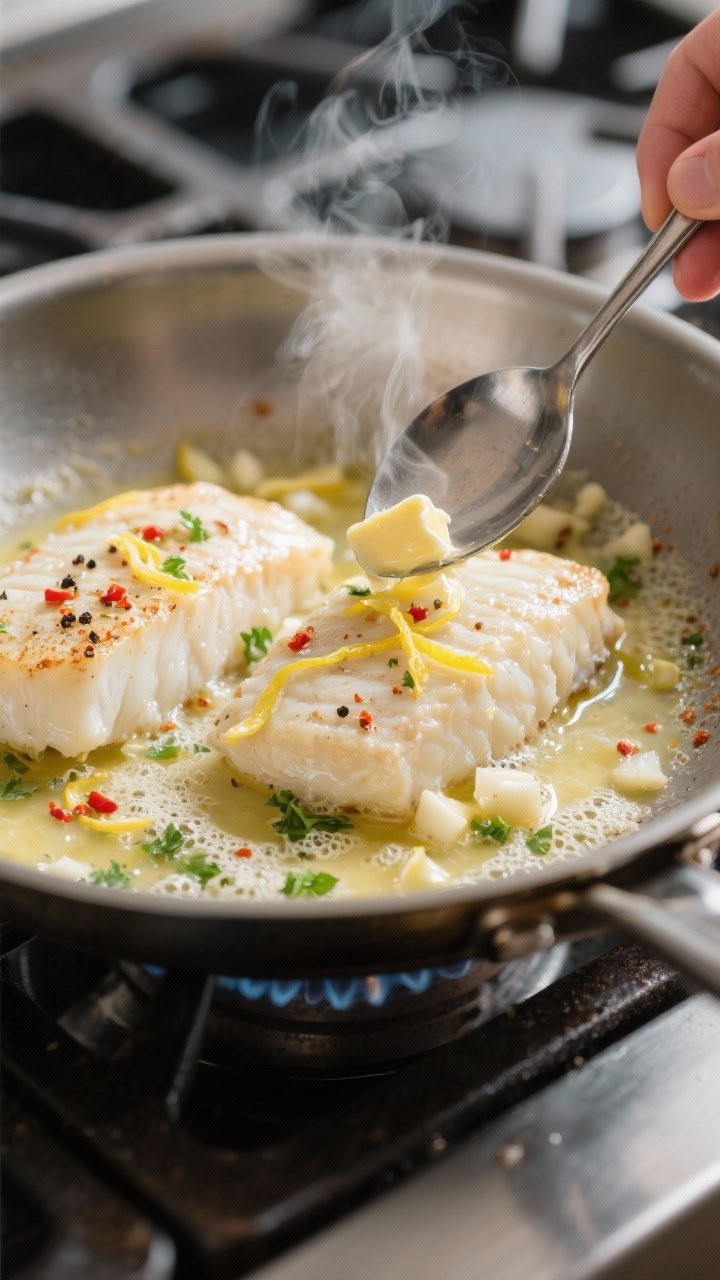 Cooking process, close-up detail: Butter-garlic cod being spoon-basted in a stainless skillet, close