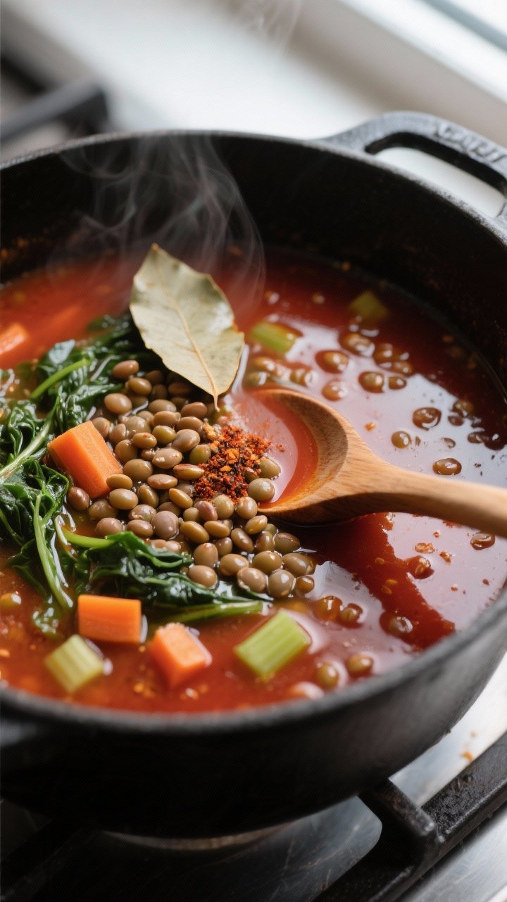 Cooking process, close-up detail: Close-up of Mediterranean lentil soup simmering in a wide, matte-b