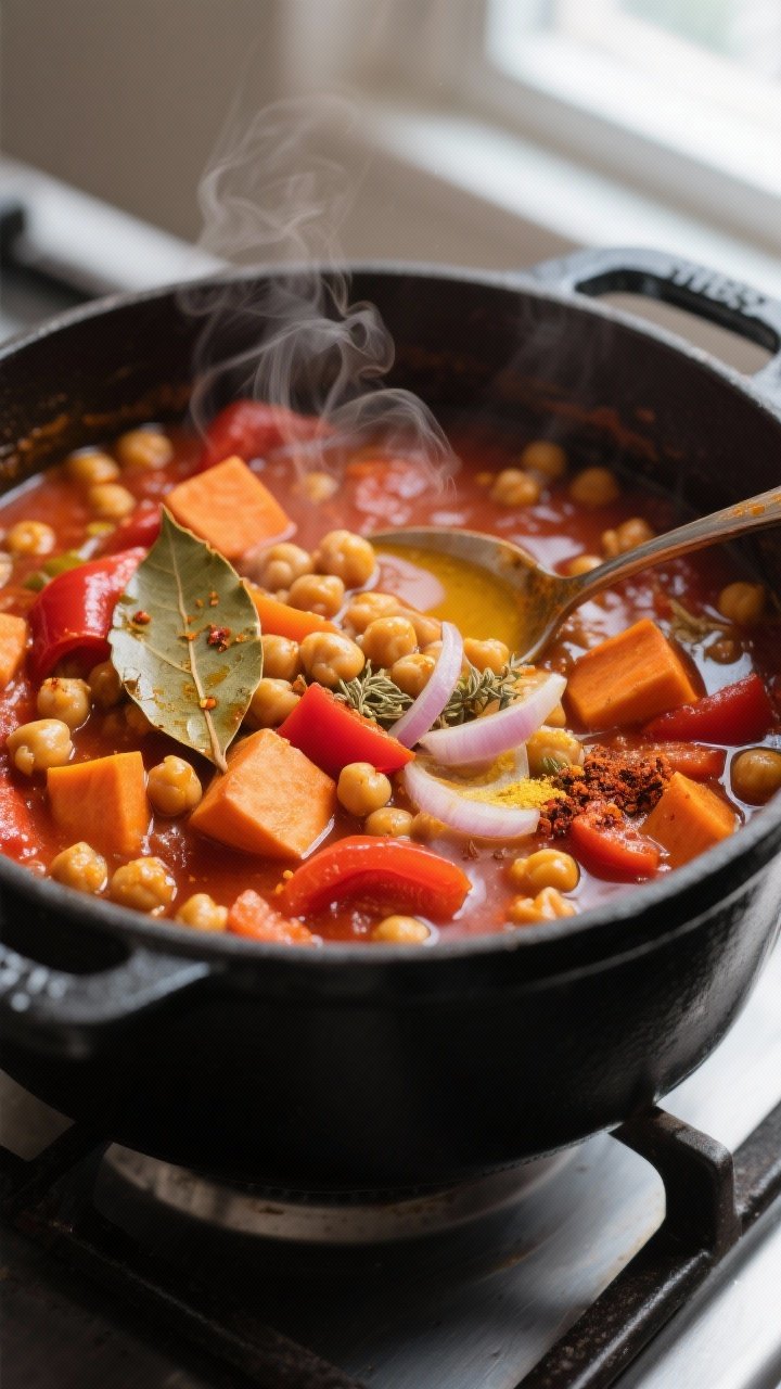 Cooking process, close-up detail: Close-up of Moroccan-style chickpea stew simmering in a matte blac