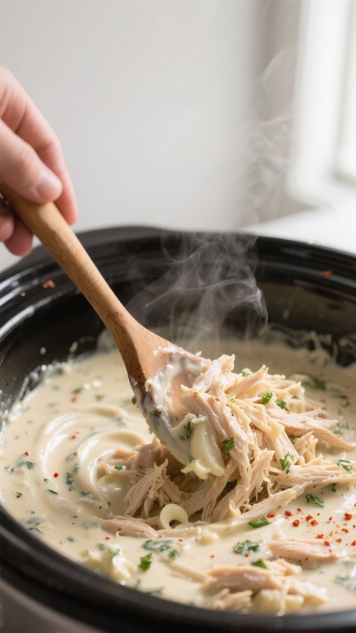 Cooking process, close-up detail: Close-up of shredded slow cooker ranch chicken being folded back i