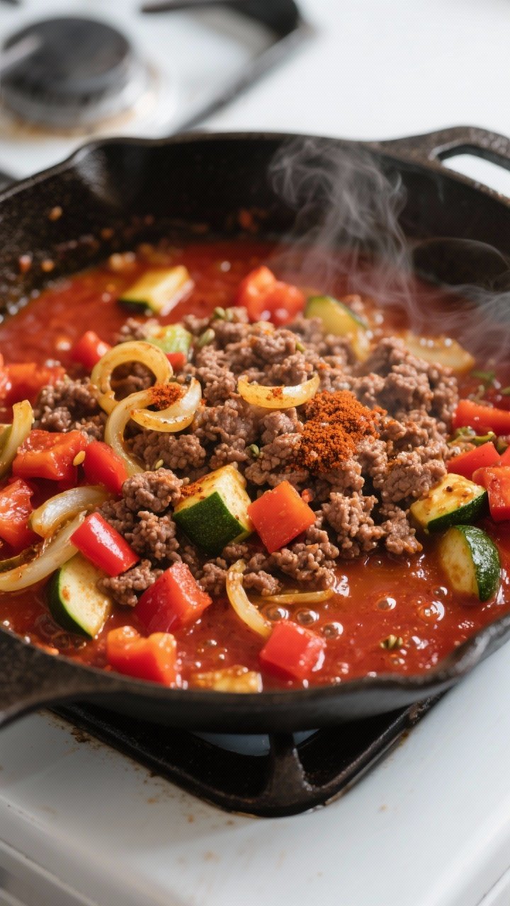 Cooking process, close-up detail: Close-up of sizzling low-carb beef taco skillet mid-cook, browned 