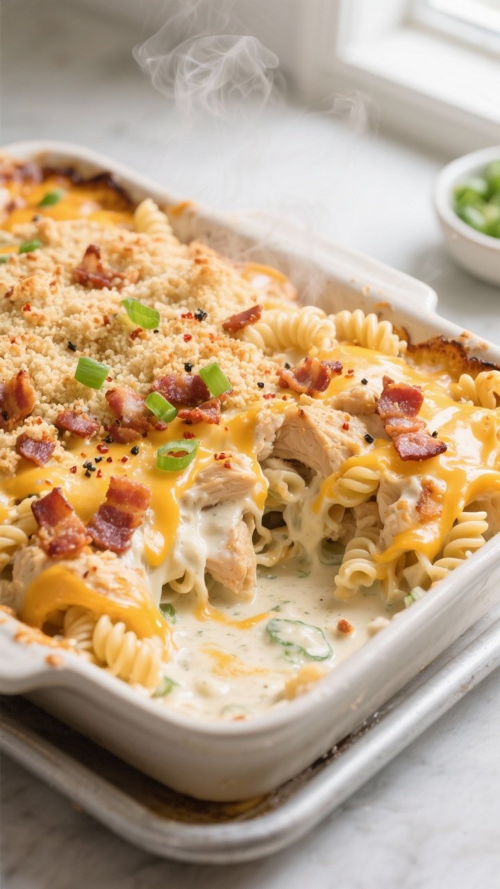 Cooking process, close-up detail: Golden, bubbling chicken bacon ranch casserole just out of the ove