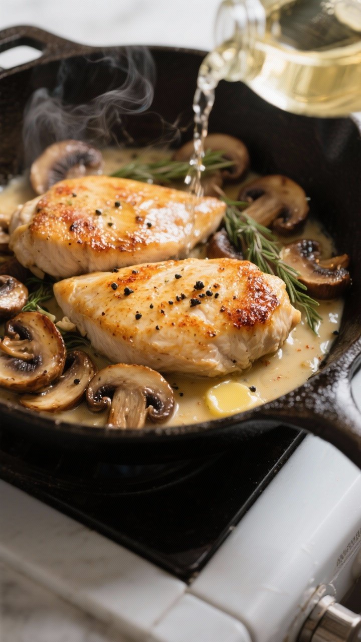 Cooking process, close-up detail: Golden pan-seared chicken cutlets nestled in a skillet with deeply