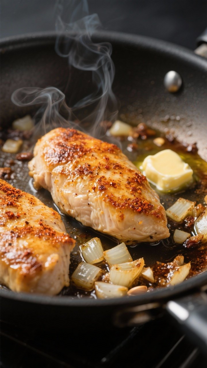 Cooking process, close-up detail: Golden-seared chicken breasts sizzling in a large skillet with vis