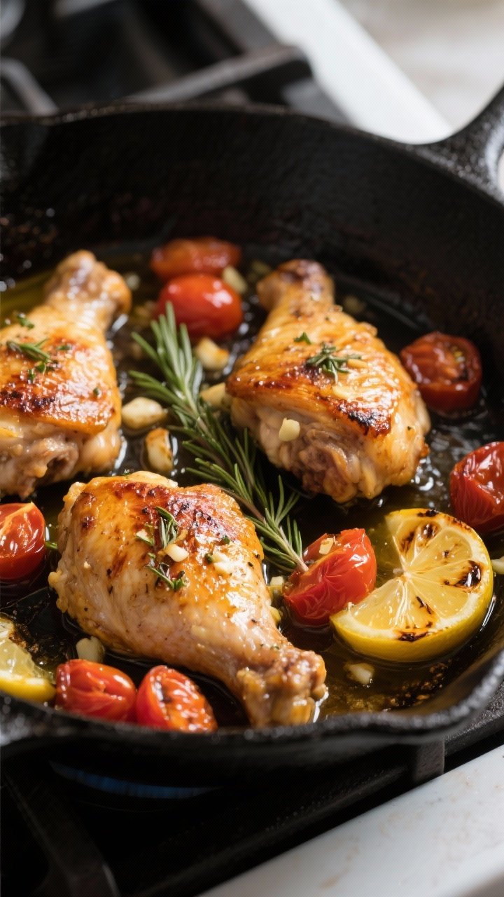 Cooking process, close-up detail: Golden, sizzling Mediterranean rosemary garlic chicken thighs skin