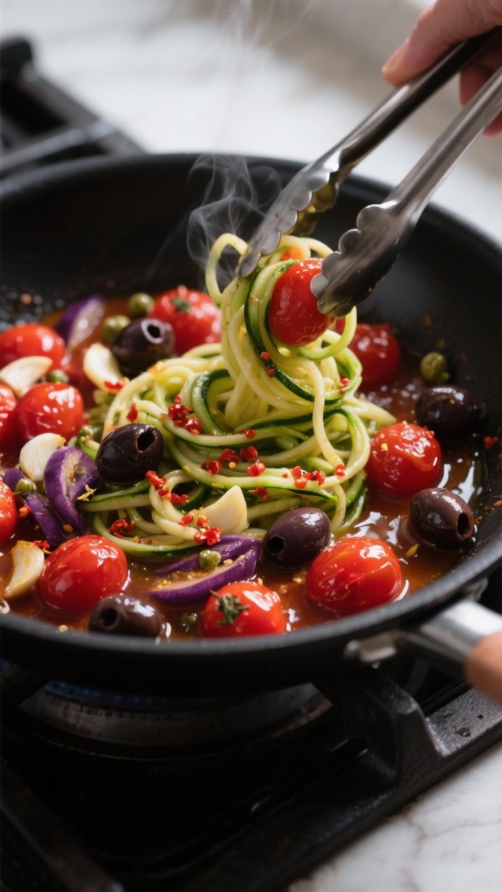 Cooking process, close-up detail: In a large black skillet, glossy cherry tomatoes burst into a silk