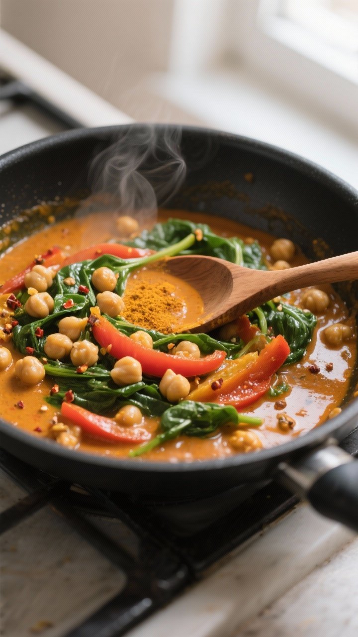 Cooking process, close-up detail: In-skillet scene of creamy coconut chickpea curry gently simmering