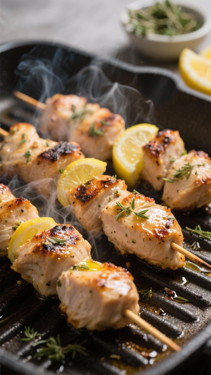 Cooking process, close-up detail: Juicy chicken souvlaki skewers sizzling on a hot grill pan, tight 