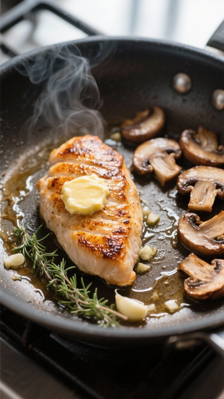Cooking process, close-up detail: Searing chicken breasts in a large skillet until deeply golden, ed