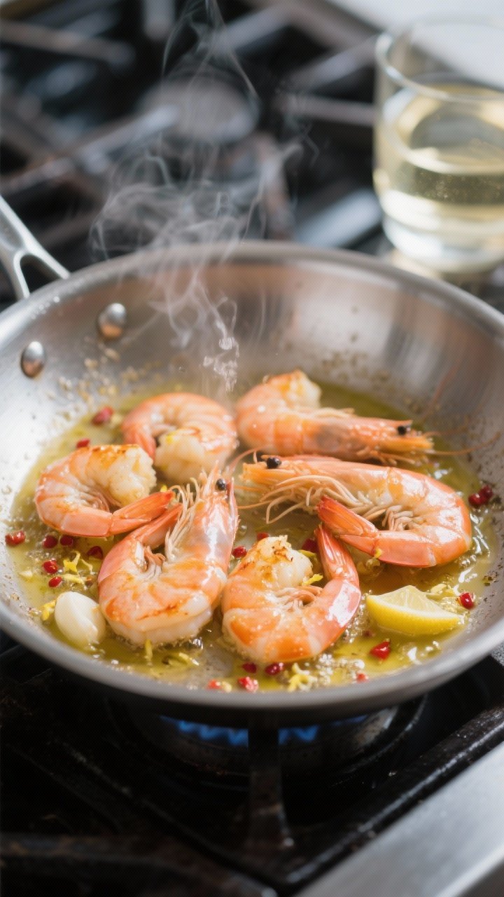 Cooking process, close-up detail: Searing large shrimp in a wide stainless-steel skillet, shrimp jus
