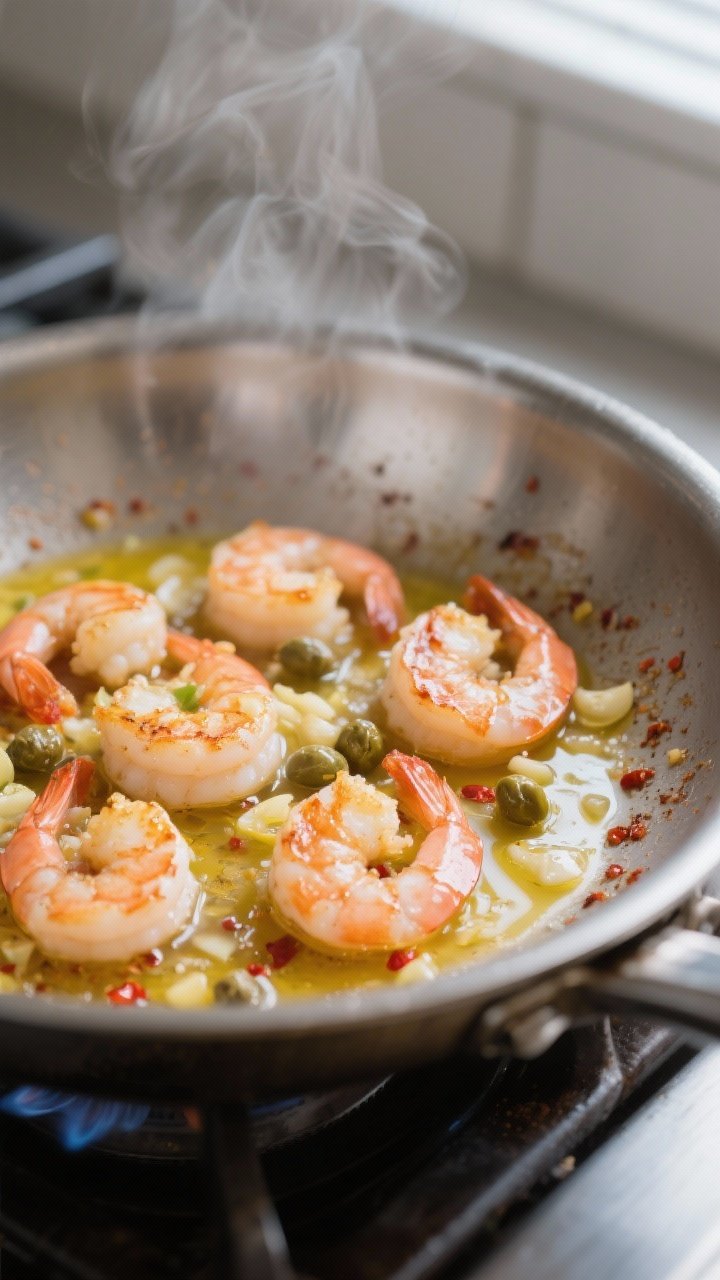 Cooking process, close-up detail: Searing lemon-garlic shrimp in a stainless steel skillet over medi