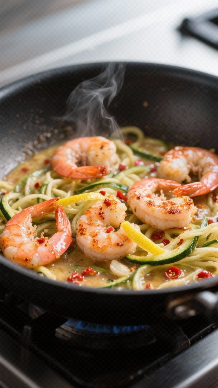 Cooking process, close-up detail: Searing spicy shrimp in a large skillet, shrimp just turned pink a