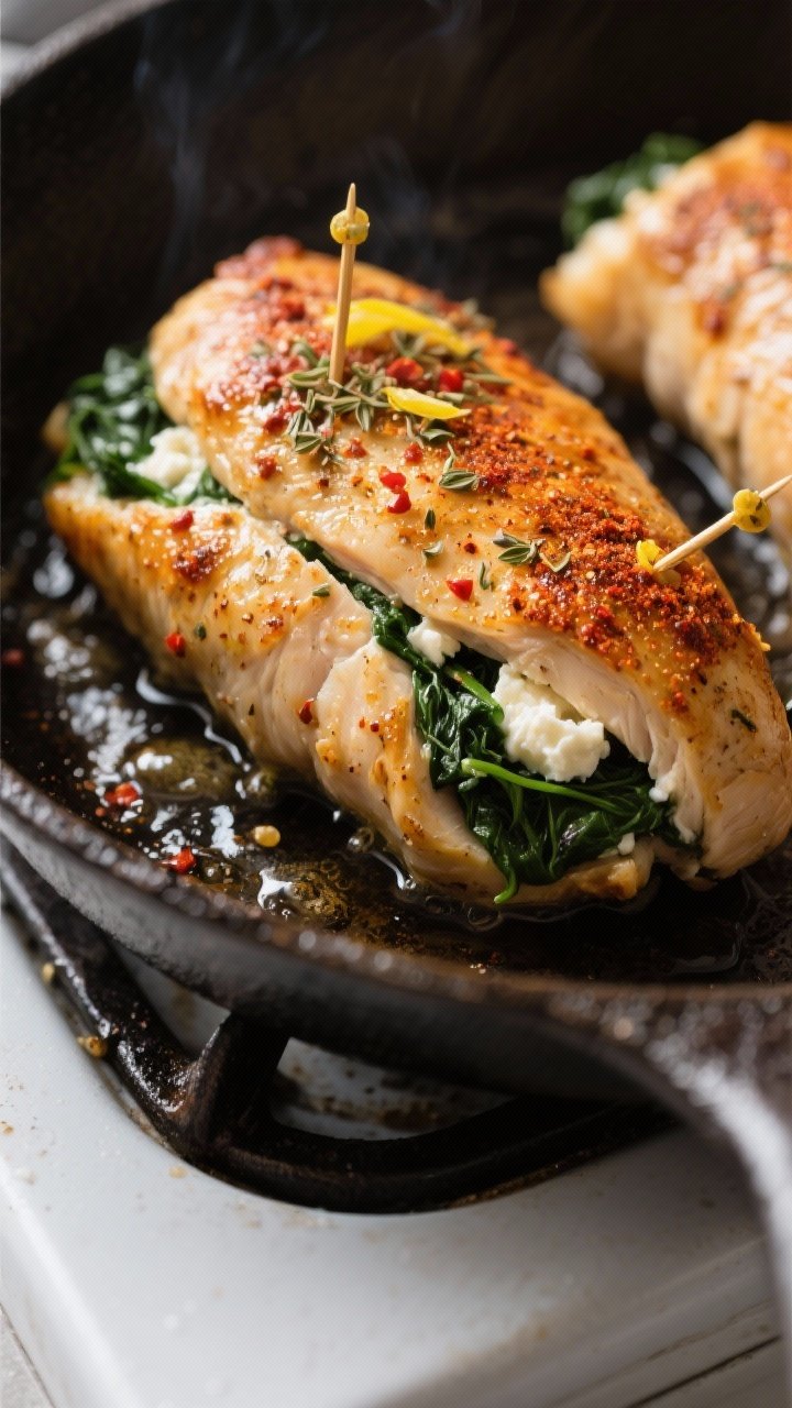 Cooking process, close-up detail: Searing spinach-and-feta stuffed chicken breasts in a preheated ov
