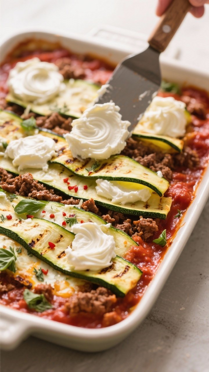 Cooking process, close-up detail: Shallow depth-of-field shot of thin, pre-roasted zucchini ribbons 