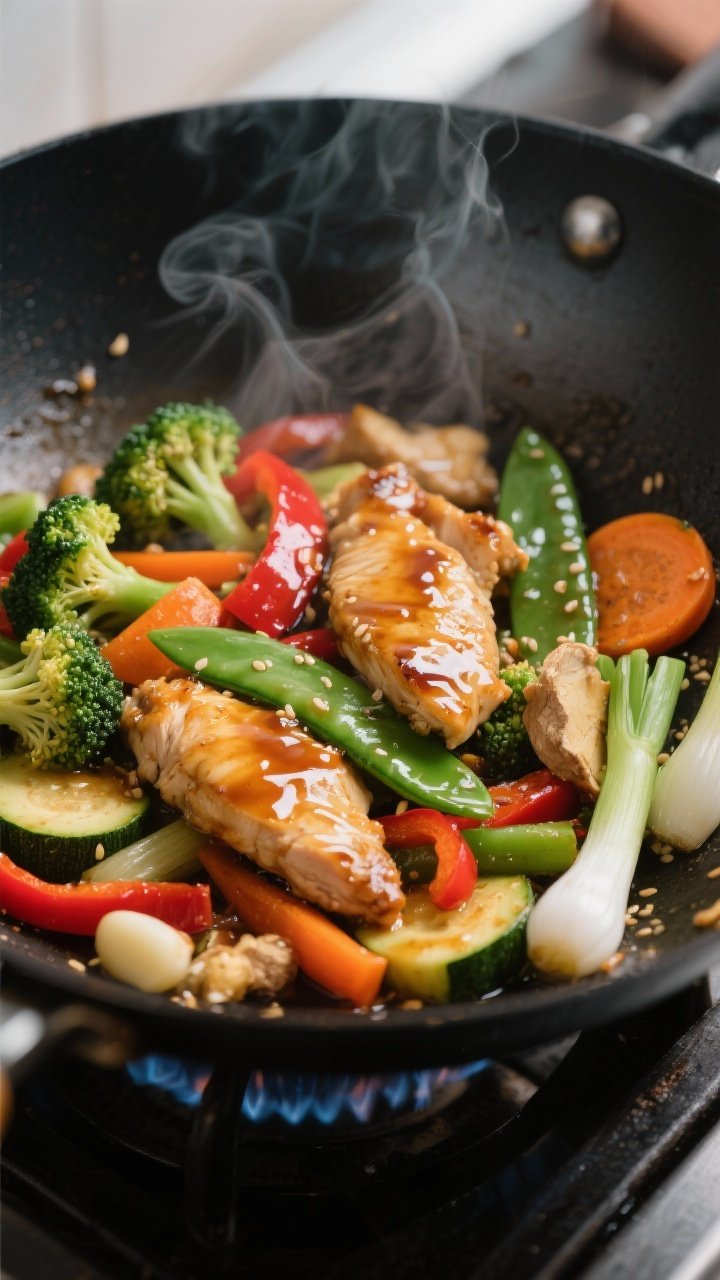 Cooking process, close-up detail: Sizzling chicken veggie stir-fry mid-cook in a black carbon-steel 