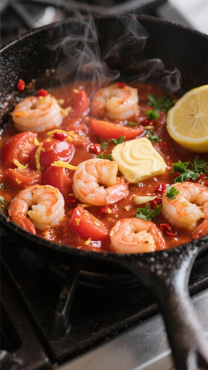 Cooking process, close-up detail: Sizzling garlic tomato shrimp in a black cast-iron skillet mid-coo