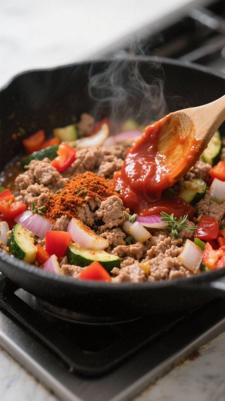 Cooking process, close-up detail: Sizzling low-carb turkey taco skillet mid-cook in a matte black pa