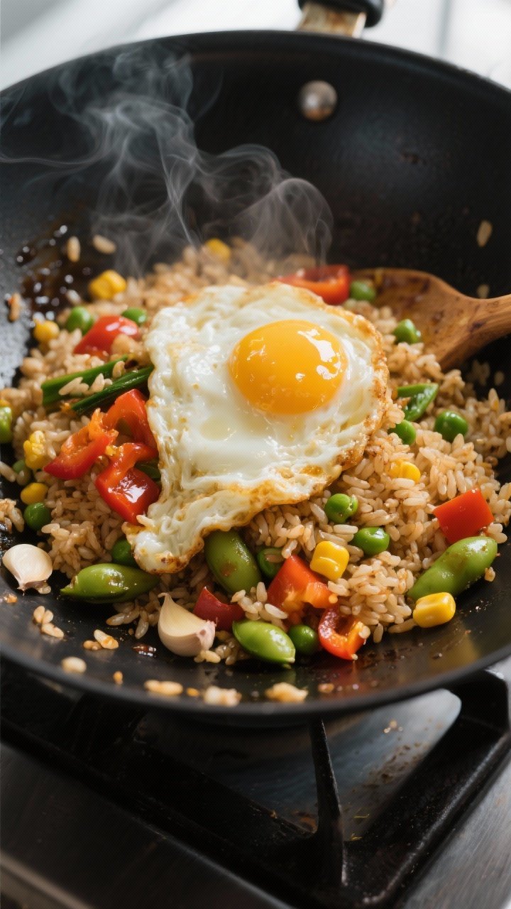 Cooking process, close-up detail: Sizzling veggie egg fried rice in a black wok over high heat, over