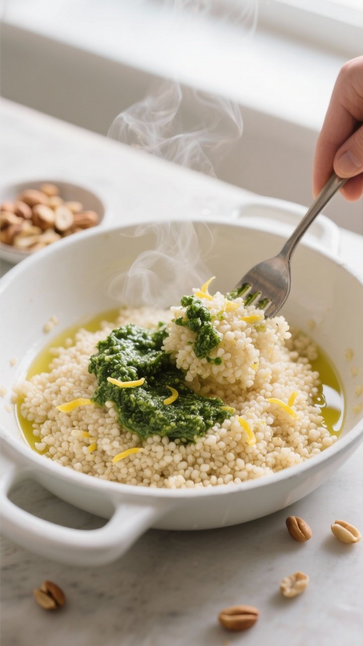 Cooking process close-up: Fluffy steamed couscous being fluffed with a fork in a shallow white sauce