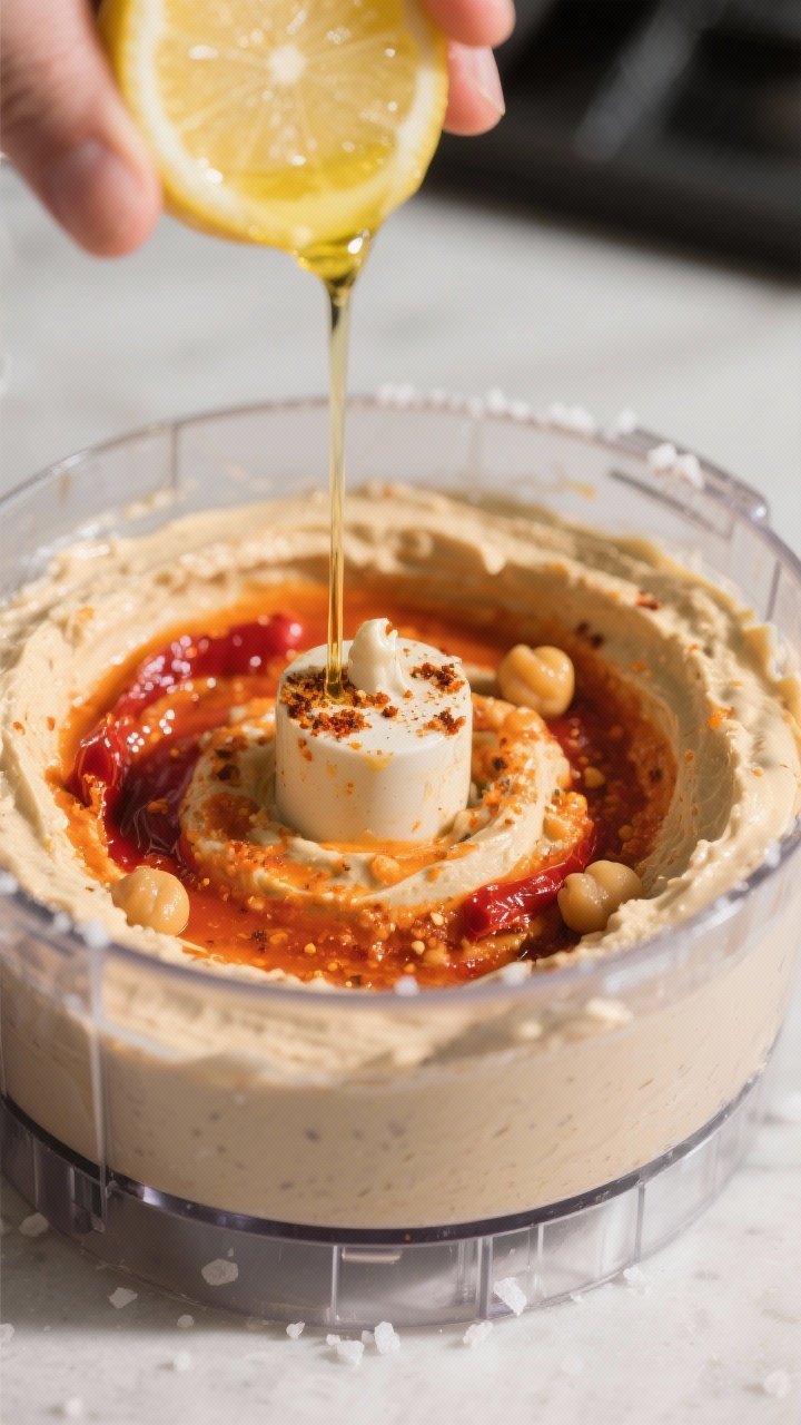 Cooking process close-up: Food processor bowl filled with whipped tahini and lemon base turning pale