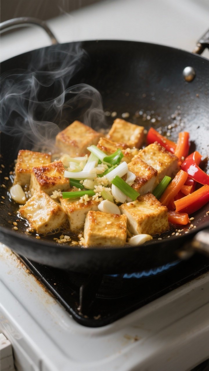 Cooking process, close-up: Golden-crisp tofu cubes sizzling in a wok with the white parts of green o