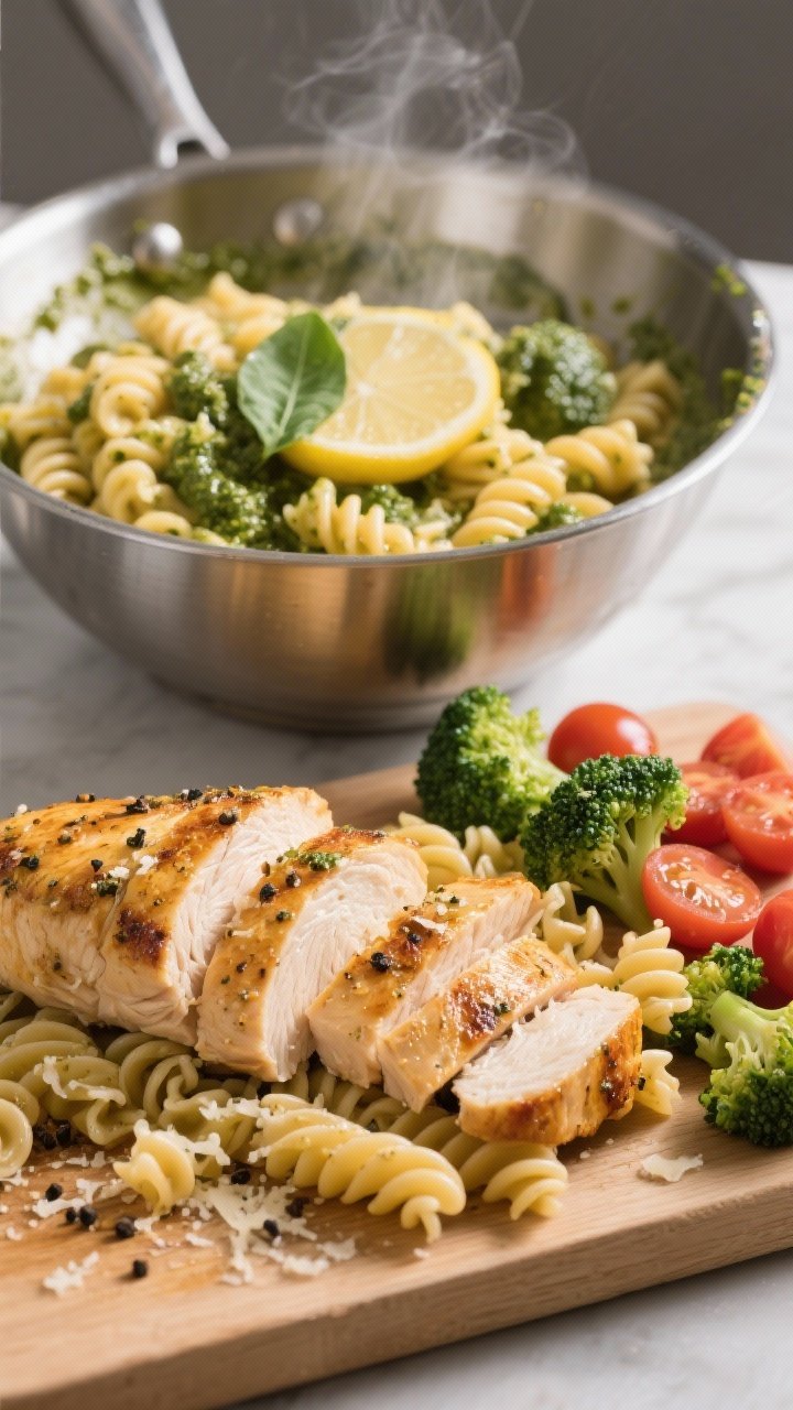 Cooking process close-up: Golden seared chicken breasts sliced on a board then folded into warm al d