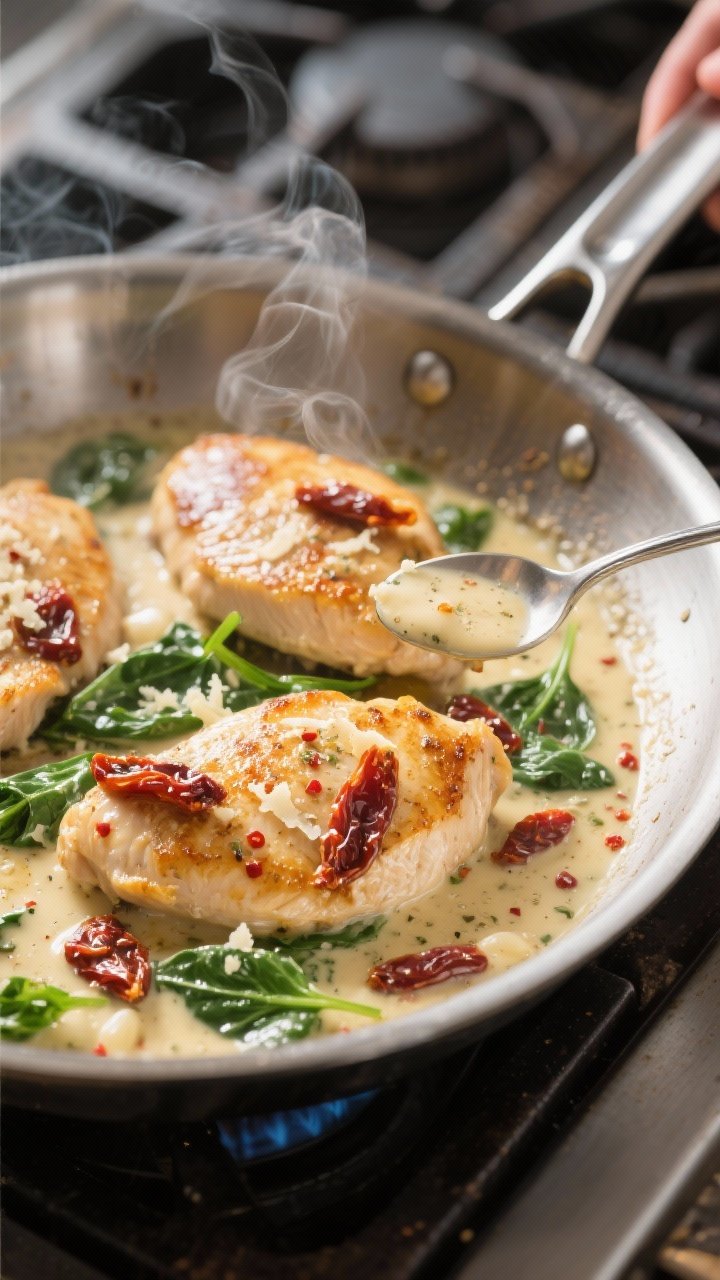 Cooking process close-up: Golden-seared chicken cutlets sizzling in a wide stainless-steel skillet, 
