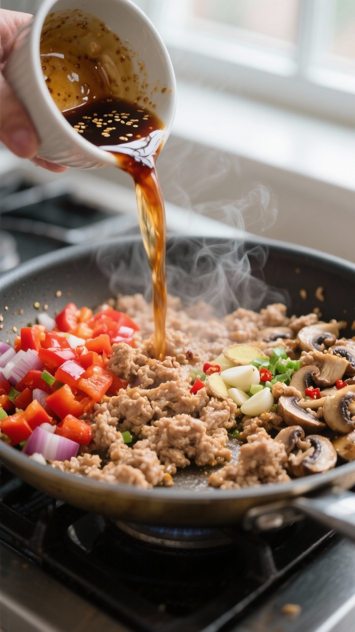 Cooking process close-up: Ground chicken browning in a wide stainless skillet with softened diced re
