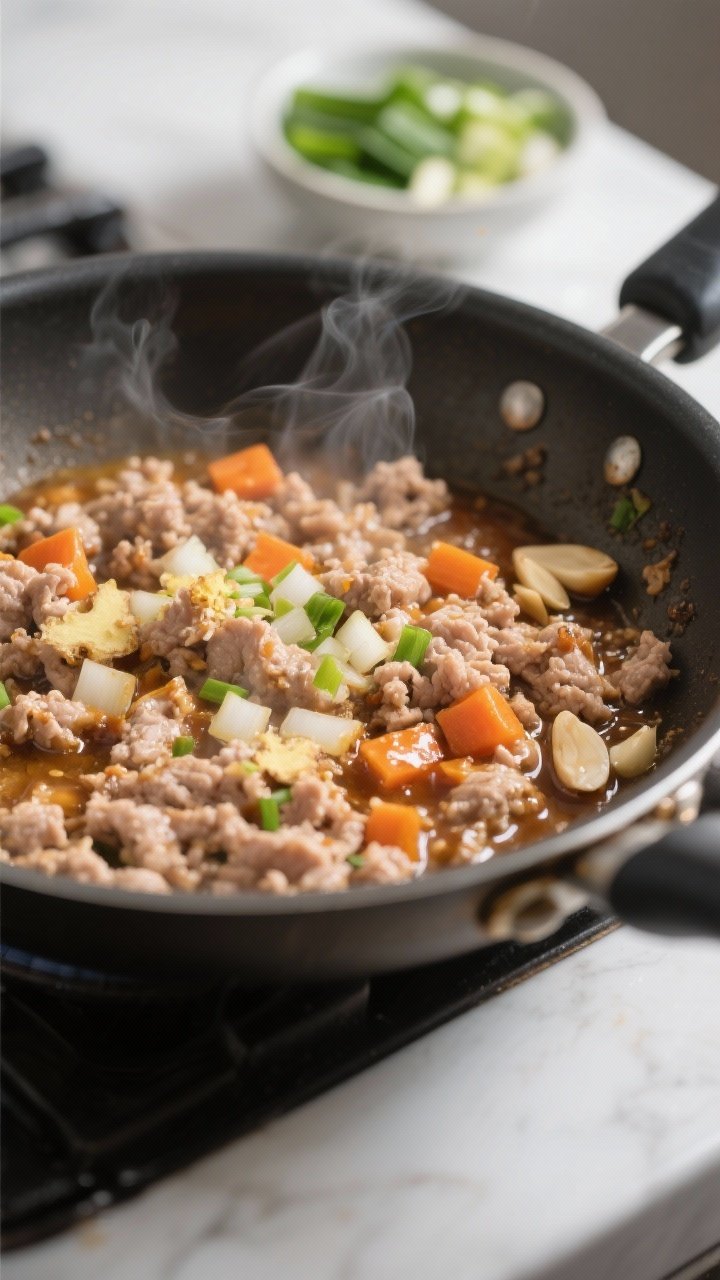 Cooking process close-up: Ground turkey sizzling in a wide stainless skillet, lightly browned with g