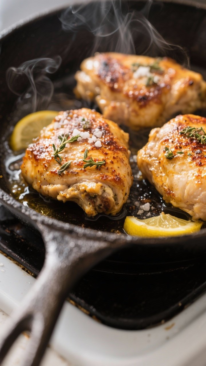 Cooking process close-up: Juicy Greek-marinated chicken thighs searing in a hot cast-iron skillet, g