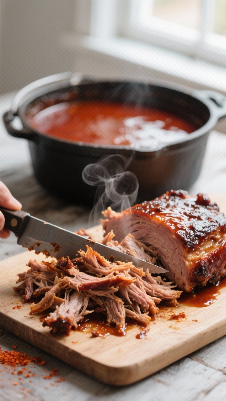 Cooking process close-up: Juicy pulled pork being shredded on a board right after slow cooking, stra